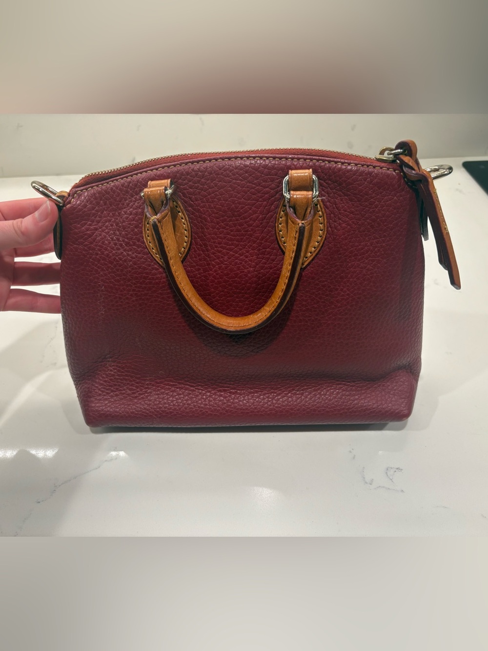 Dooney & Bourke Cherry Red Pebbled Leather Satchel with Tan Trim - Picture 2 of 5